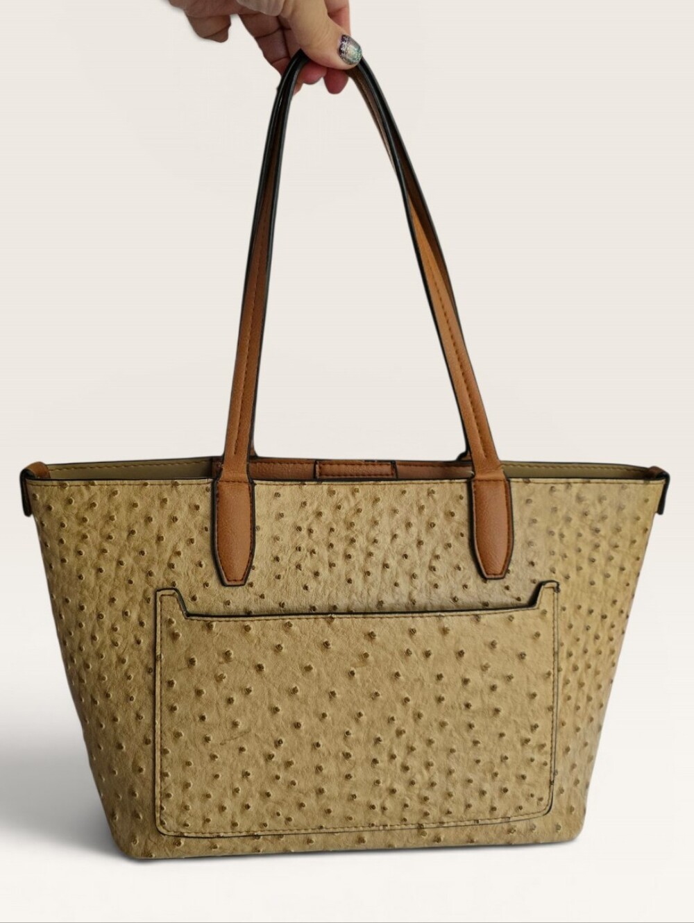 Women’s Tan Ostrich-Texture, Vegan Leather Shoulder Tote Bag